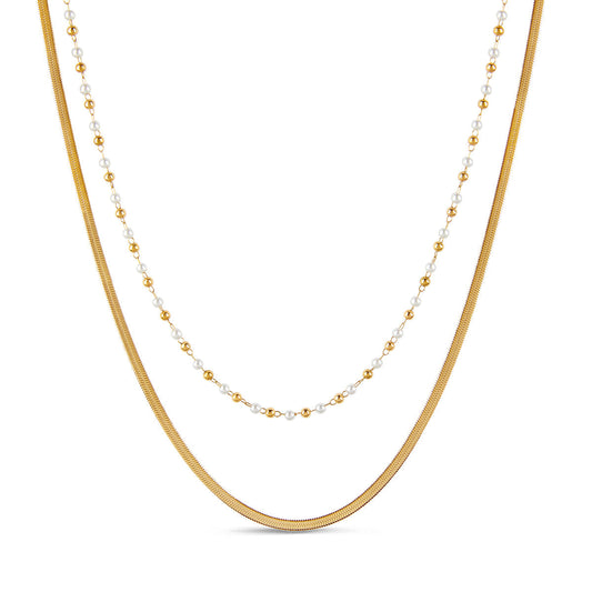 Contrast Pearl Layered Snake Chain Necklace - Gold