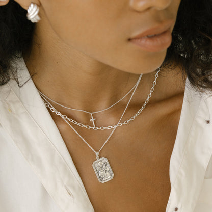 Mini Madonna Cross Charm Necklace - Silver