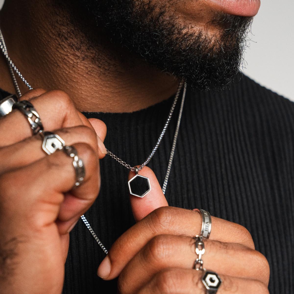 Hex Onyx Pendant Necklace - Silver