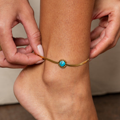 Aqua Stone Snake Chain Anklet - Gold