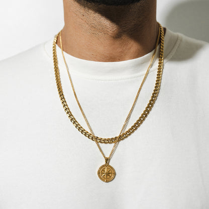 Compass Pendant Necklace X Curb Chain - Gold