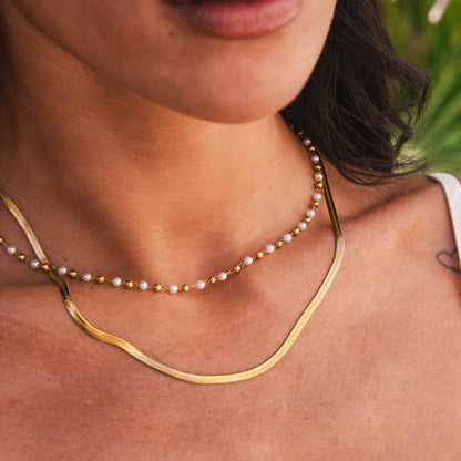 Contrast Pearl Layered Snake Chain Necklace - Gold