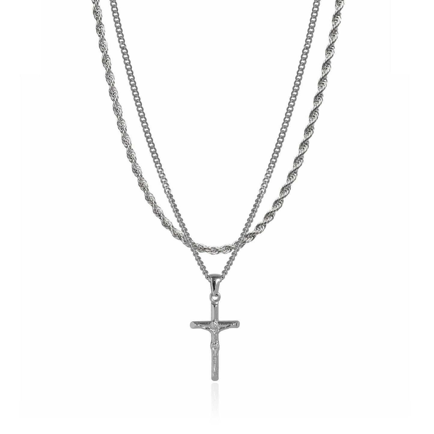 Cross Pendant Necklace X Rope Chain Full Set - Silver