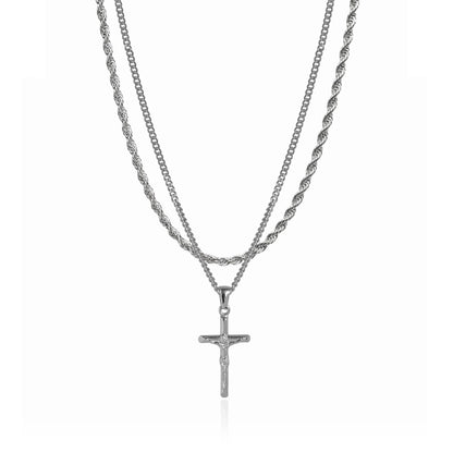 Cross Pendant Necklace X Rope Chain Full Set - Silver