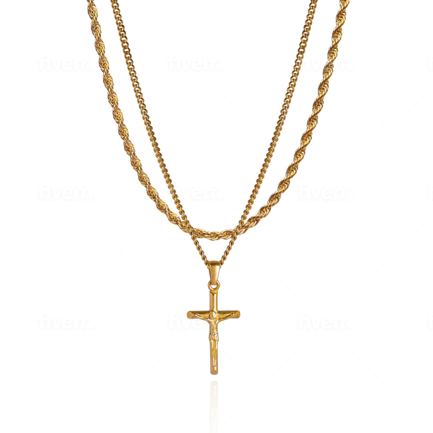 Cross Pendant Necklace X Rope Chain Full Set - Gold