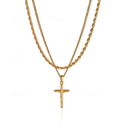 Cross Pendant Necklace X Rope Chain Full Set - Gold