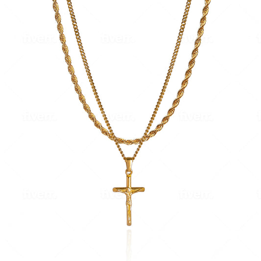Cross Pendant Necklace X Rope Chain Full Set - Gold